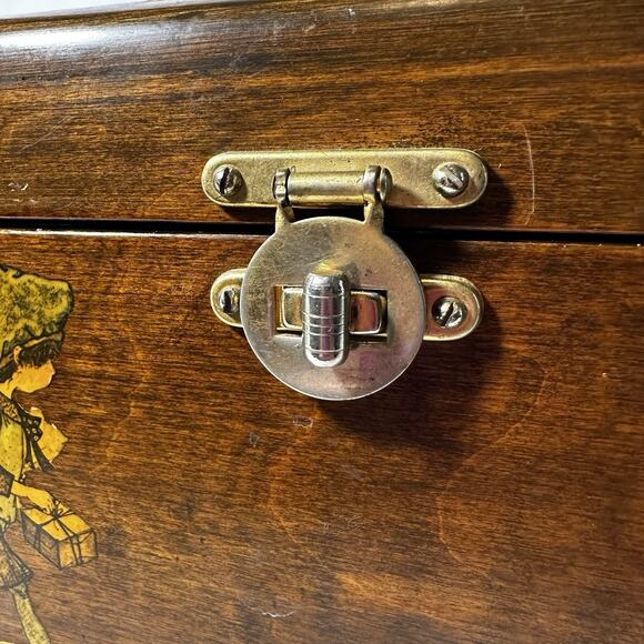 Vintage 60's Purse Wood Box Girl & Cat Handbag Brown Brass Closure Lucite Handle - Picture 9 of 16